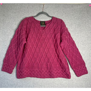 Carraig Donn Merino Wool Irish Knit Sweater Raspberry Pink Large